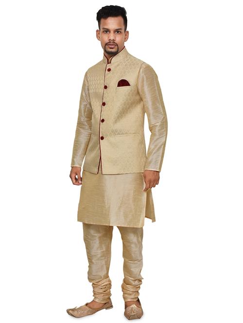 gold silk blend kurta pyjama with jacket ethnic wear set - 19188081 -  Standard Image - 0
