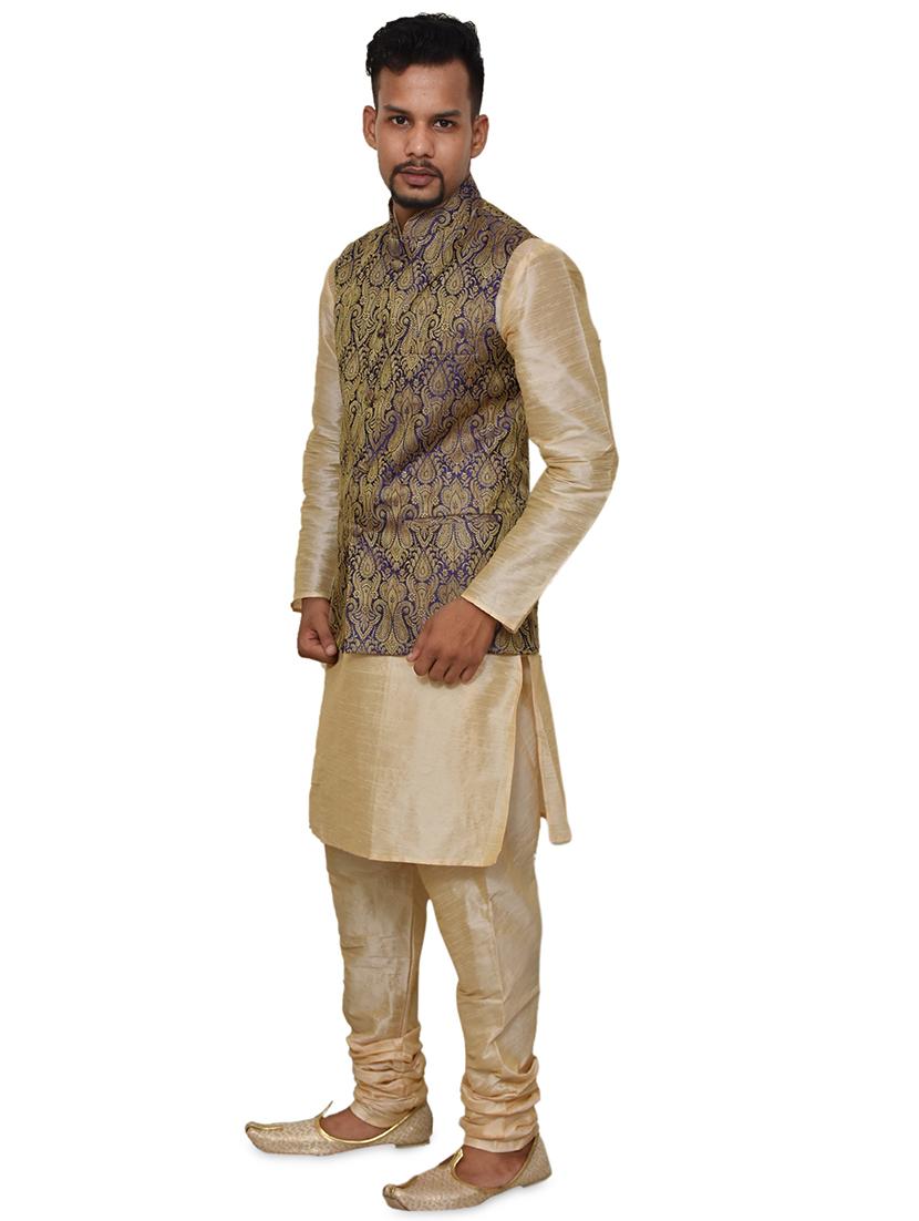 gold silk blend kurta pyjama with jacket ethnic wear set - 19188084 - Standard Image - 1
