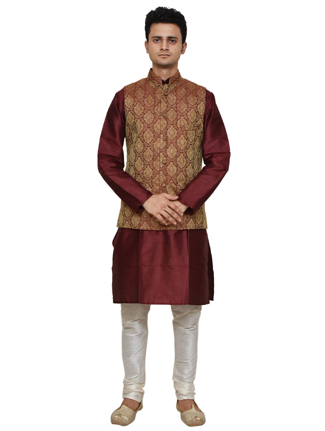 maroon silk blend kurta pyjama with jacket - 19188085 - Zoom Image - 0