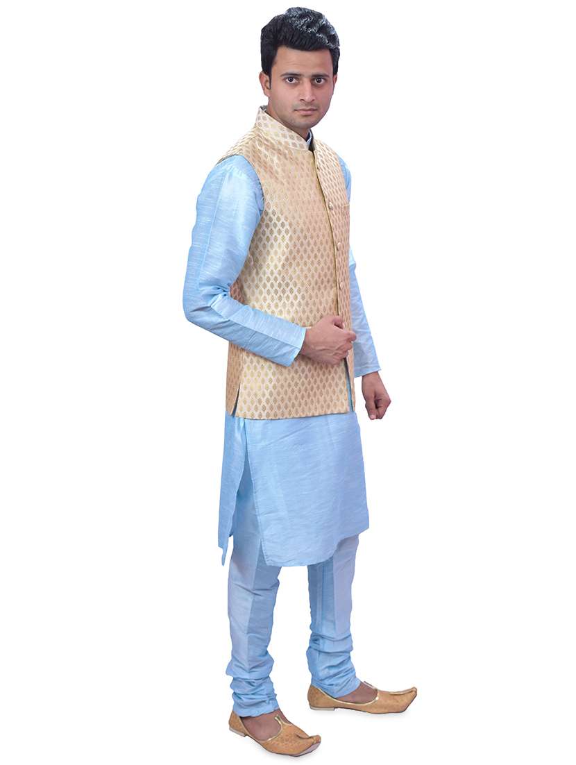 sky blue silk blend kurta pyjama with jacket ethnic wear set - 19188100 - Standard Image - 1