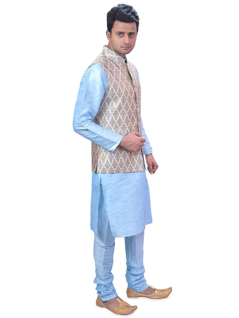 sky blue silk blend kurta pyjama with jacket ethnic wear set - 19188105 -  Standard Image - 1