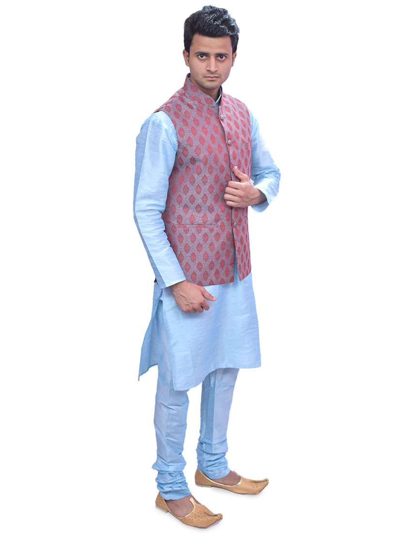 sky blue silk blend kurta pyjama with jacket ethnic wear set - 19188121 - Standard Image - 1