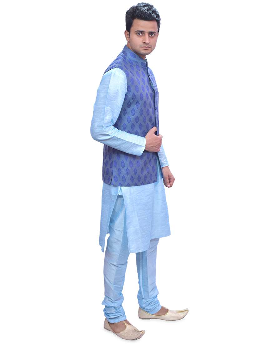 sky blue silk blend kurta pyjama with jacket ethnic wear set - 19188125 - Standard Image - 1