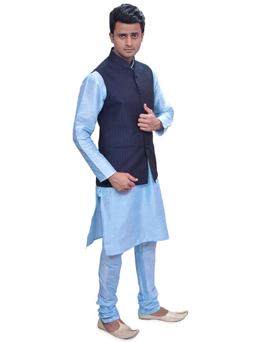 sky blue silk blend kurta pyjama with jacket ethnic wear set - 19188132 -  Standard Image - 1