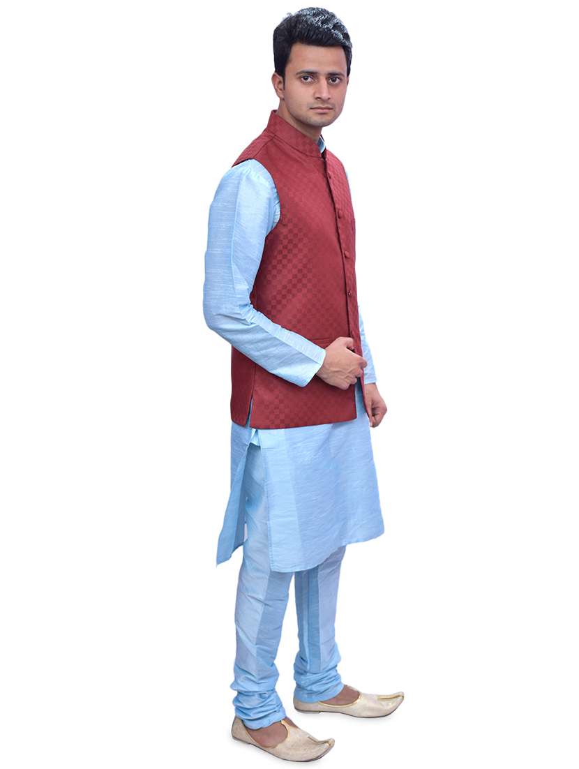 sky blue silk blend kurta pyjama with jacket ethnic wear set - 19188140 -  Standard Image - 1