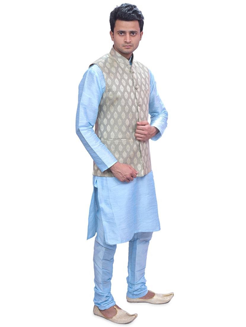 sky blue silk blend kurta pyjama with jacket ethnic wear set - 19188148 - Standard Image - 1