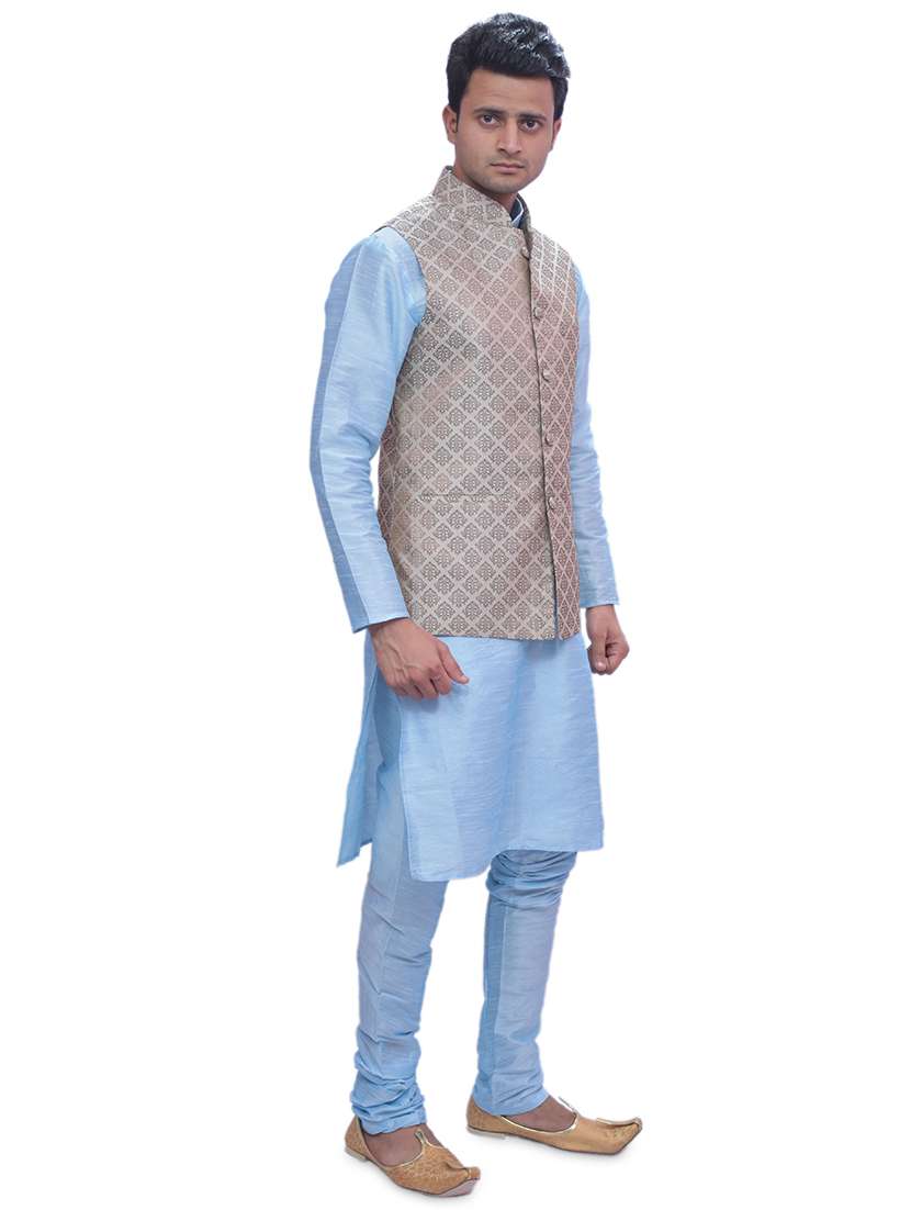 sky blue silk blend kurta pyjama with jacket ethnic wear set - 19188152 -  Standard Image - 1