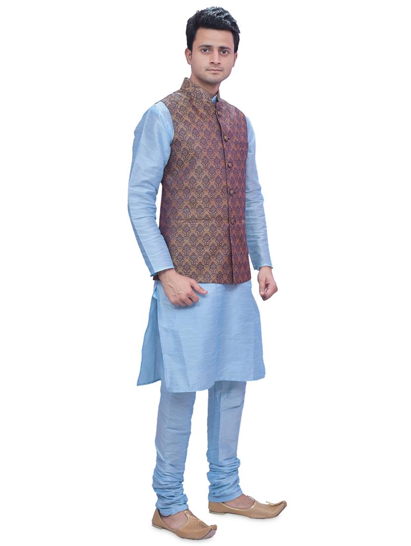 sky blue silk blend kurta pyjama with jacket ethnic wear set - 19188172 -  Standard Image - 1