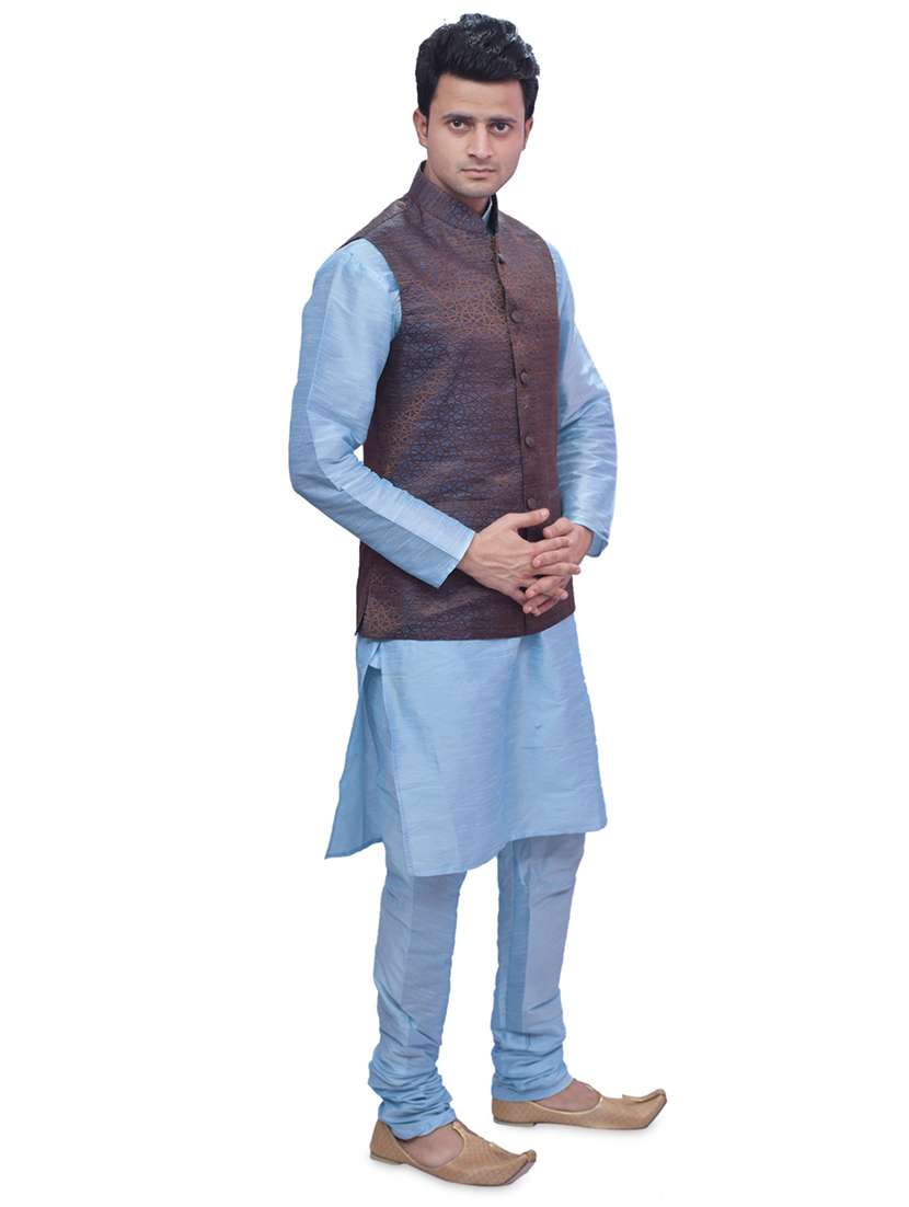 sky blue silk blend kurta pyjama with jacket ethnic wear set - 19188183 -  Standard Image - 1