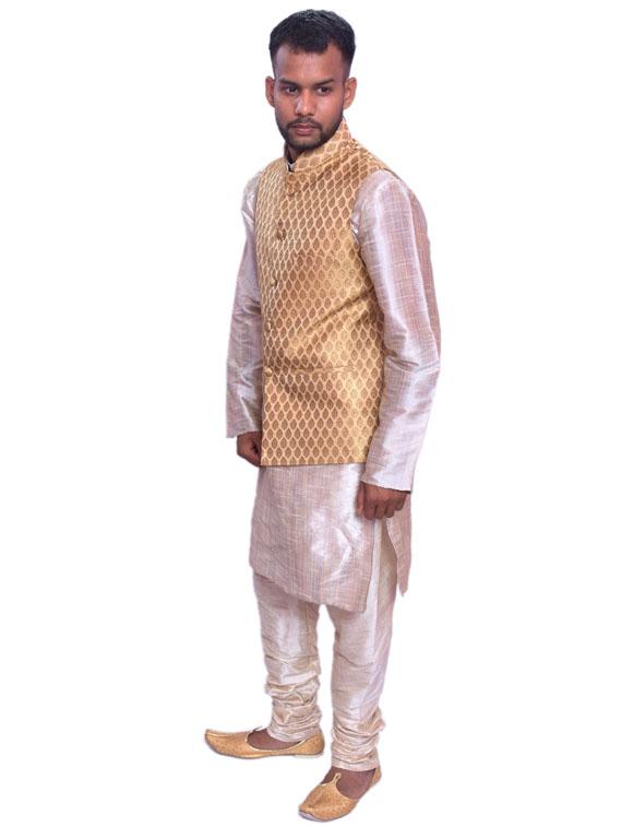 gold silk blend kurta pyjama with jacket ethnic wear set - 19188229 -  Standard Image - 1