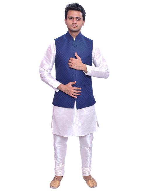 white silk blend kurta pyjama with jacket - 19188233 - Standard Image - 0