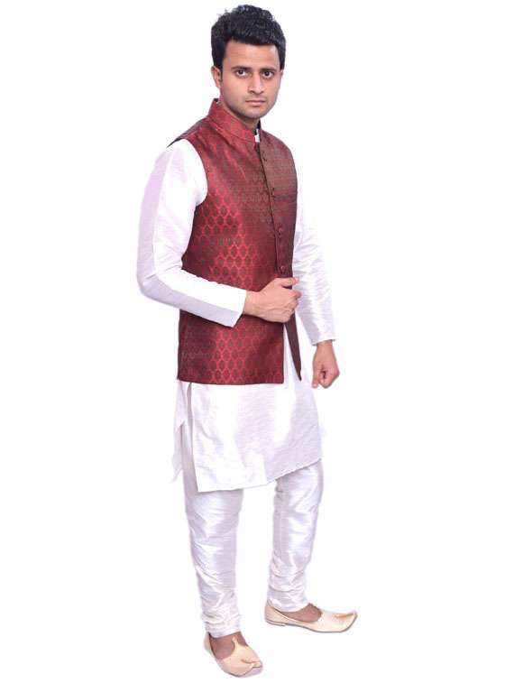 cream silk blend kurta pyjama with jacket ethnic wear set - 19188241 -  Standard Image - 1