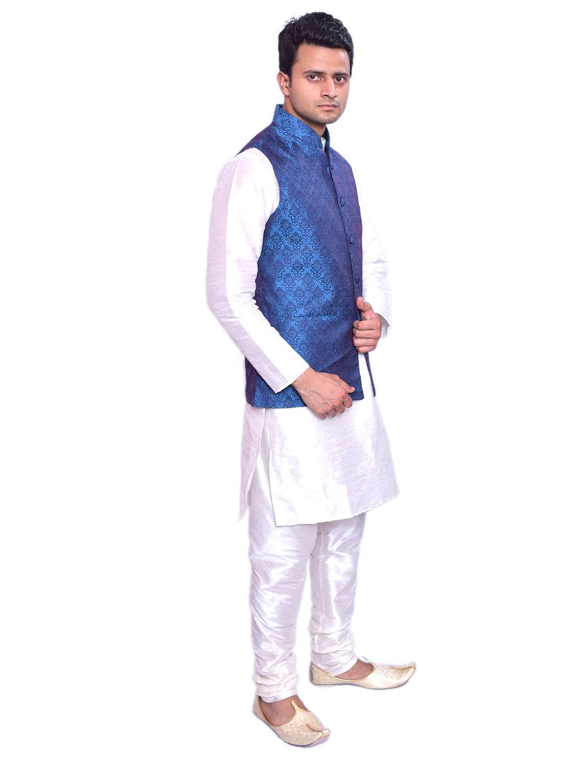 blue silk blend kurta pyjama with jacket - 19188248 - Standard Image - 1
