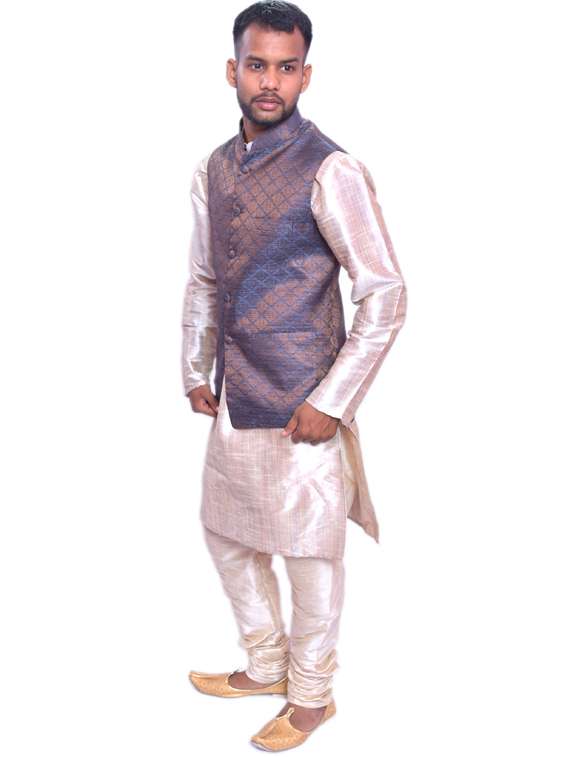 gold silk blend kurta pyjama with jacket ethnic wear set - 19188250 - Standard Image - 1