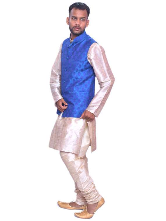gold silk blend kurta pyjama with jacket ethnic wear set - 19188257 -  Standard Image - 1