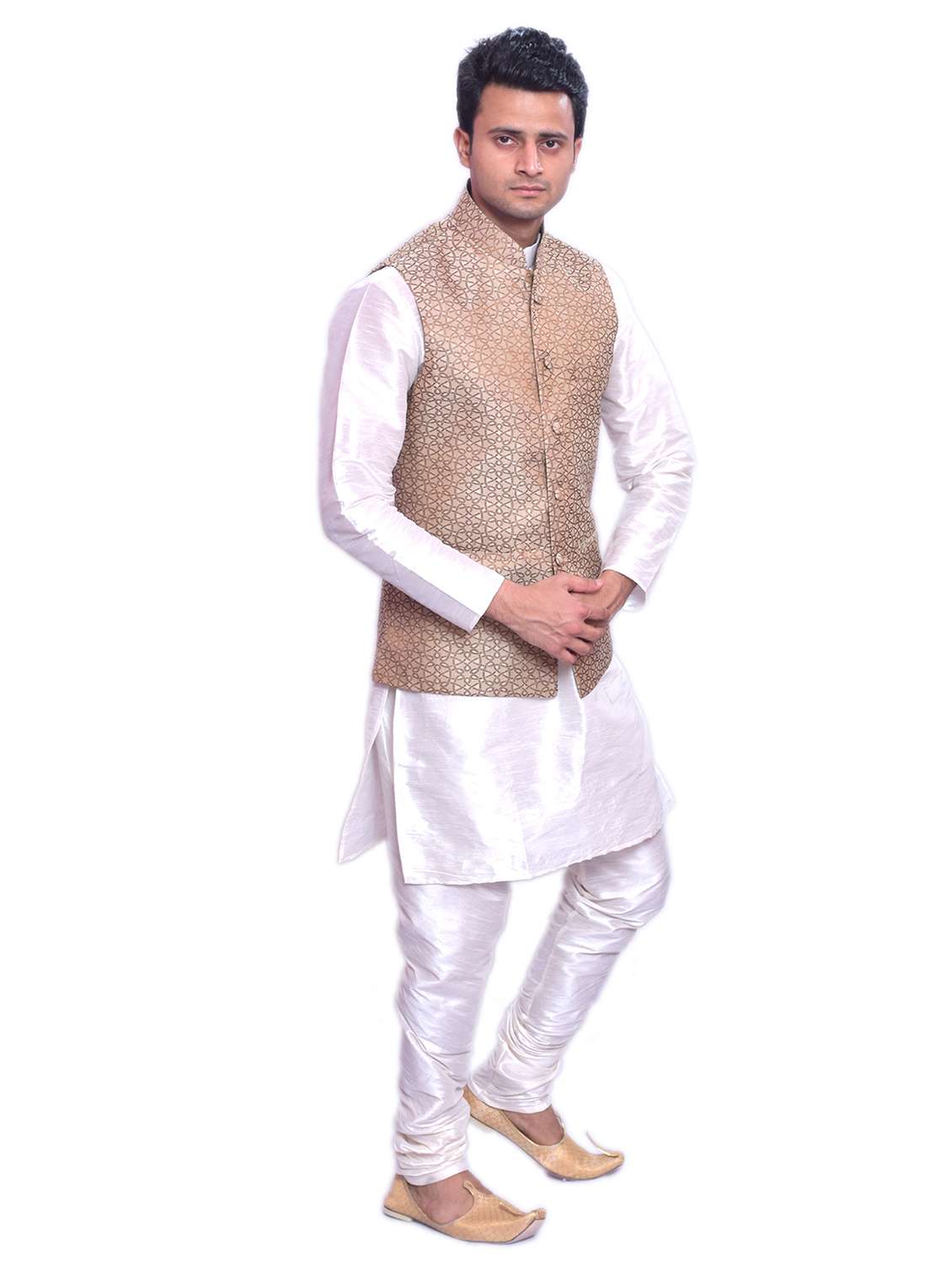 white silk blend kurta pyjama with jacket ethnic wear set - 19188270 -  Standard Image - 1