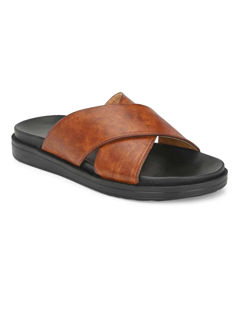 tan synthetic & mesh slip on slippers