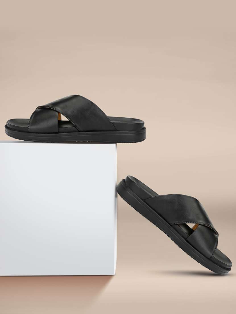 black synthetic & mesh slip on sandals
