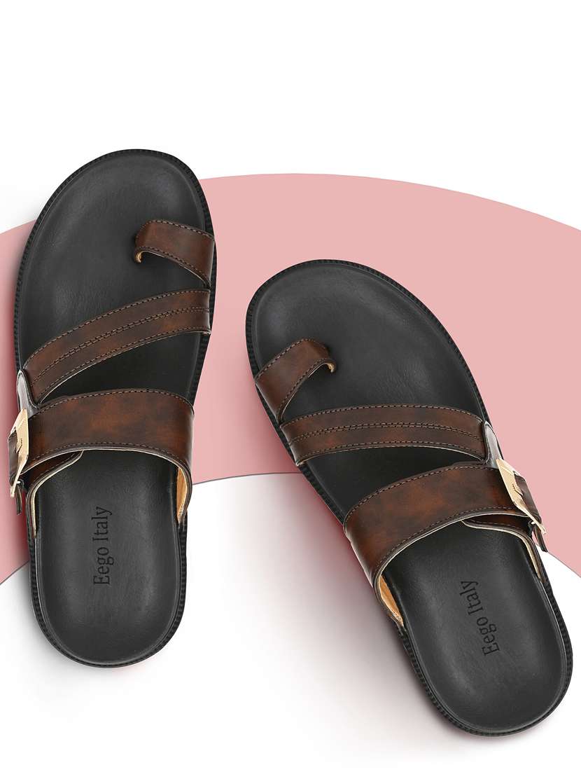 brown synthetic & mesh slip on sandals