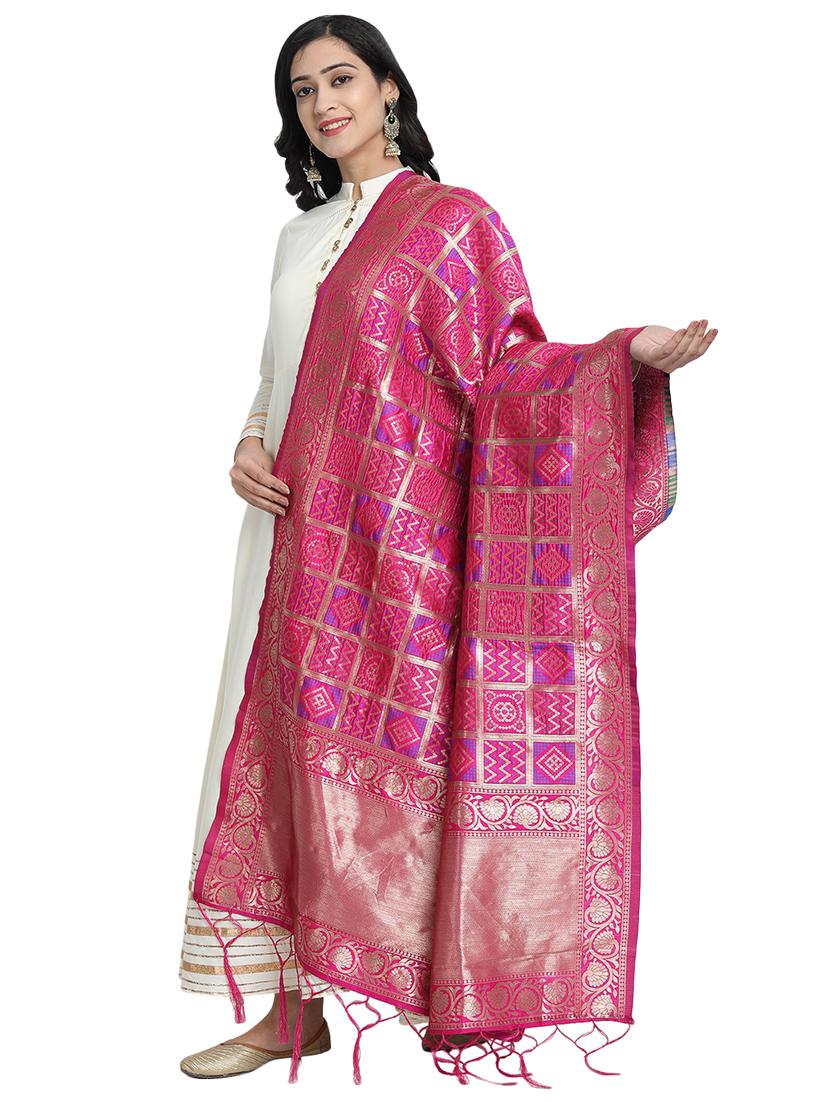 pink zari work dupatta - 19200963 -  Standard Image - 1