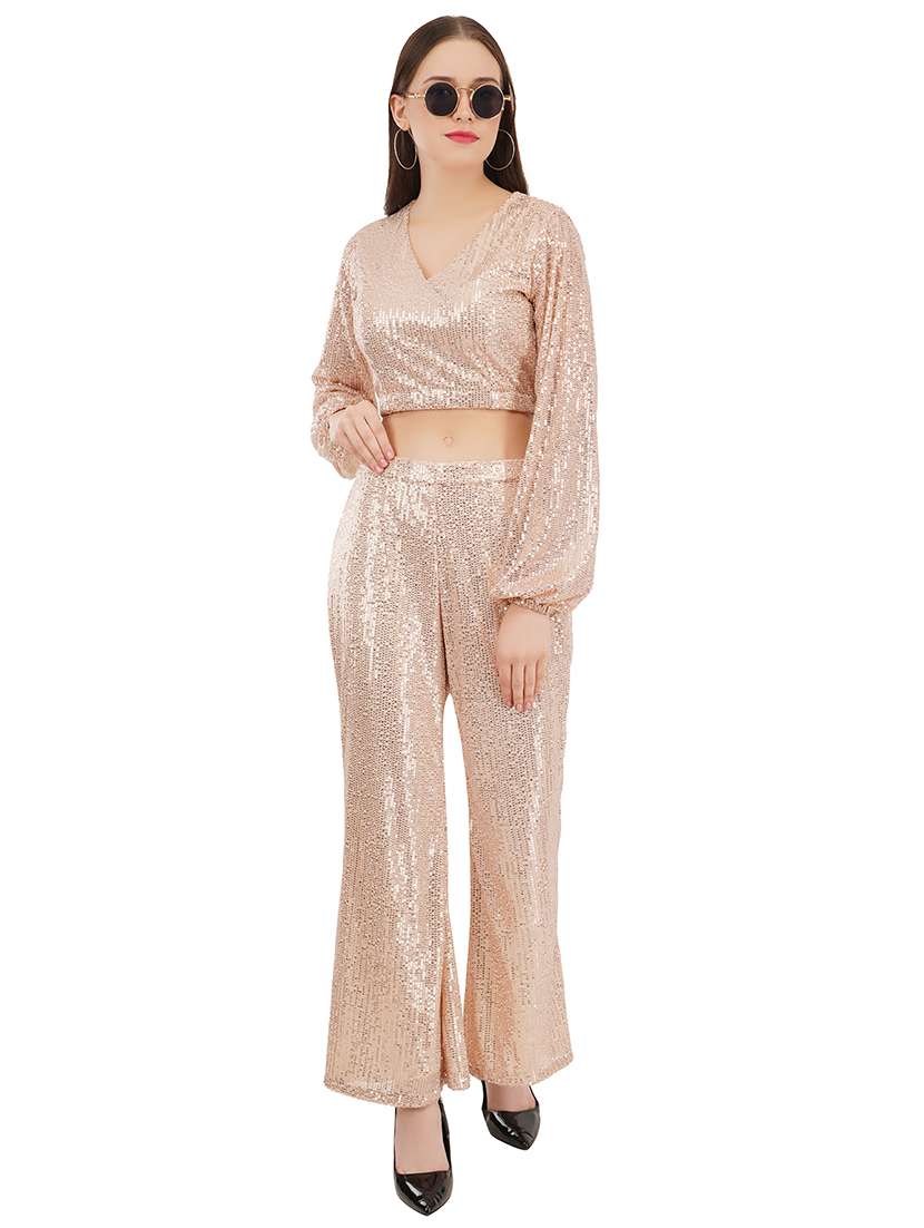 gold sequin top and trouser set