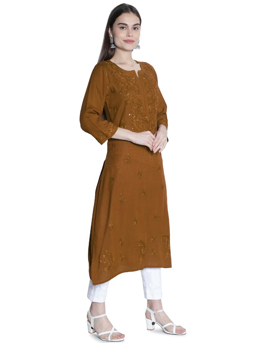 brown embroidered straight kurta - 19207413 - Standard Image - 1
