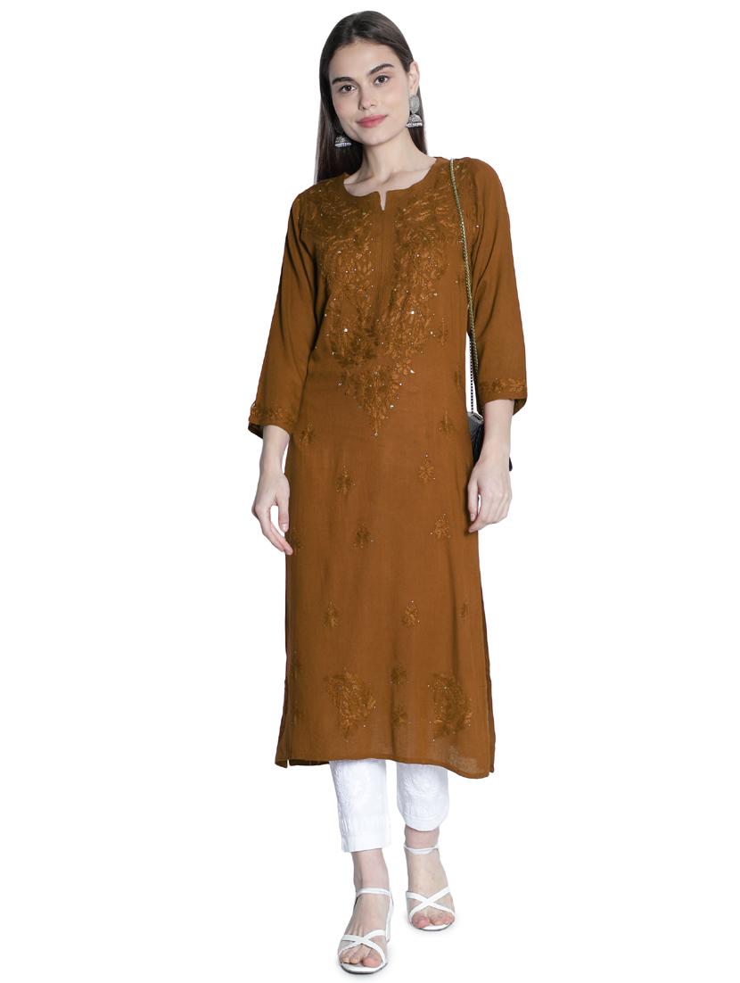 brown embroidered straight kurta - 19207413 - Standard Image - 4