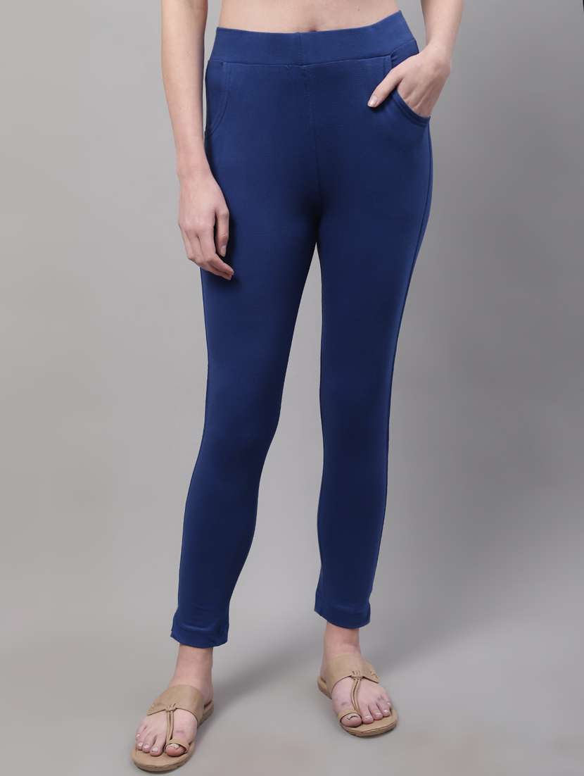 blue solid cotton legging