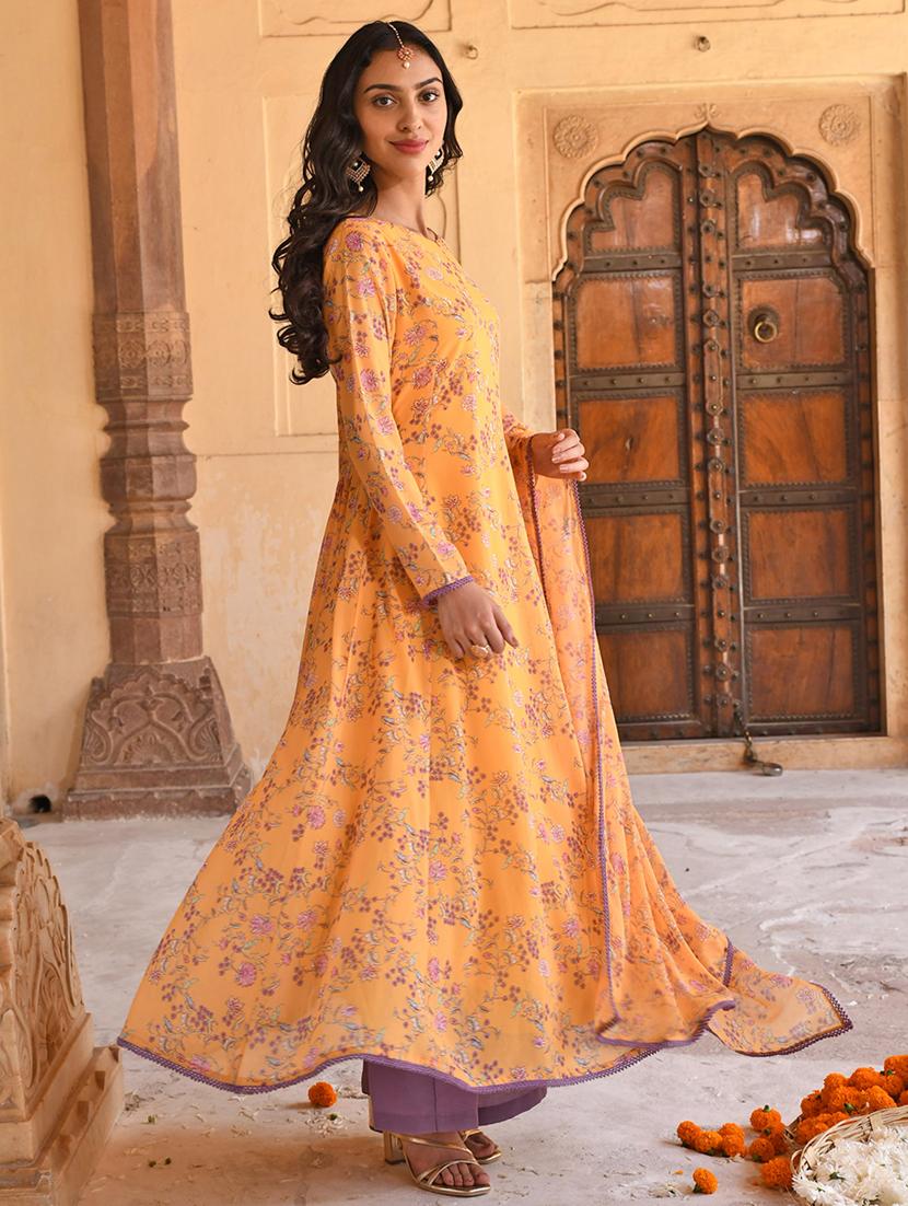 janasya yellow georgette floral printed kurta with flared palazzo and dupatta - 19218487 - Standard Image - 1