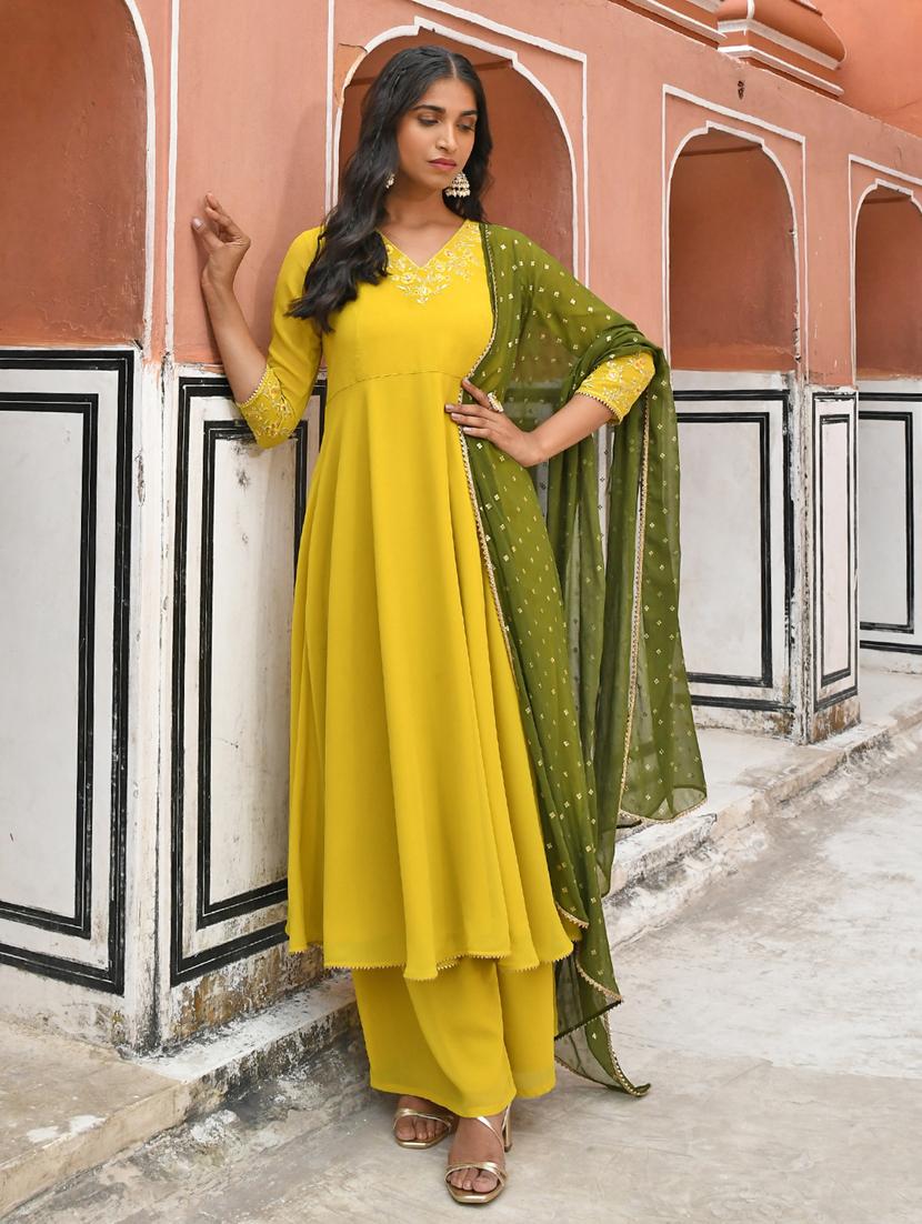 janasya yellow georgette embellished kurta with palazzo and dupatta - 19218518 -  Standard Image - 1