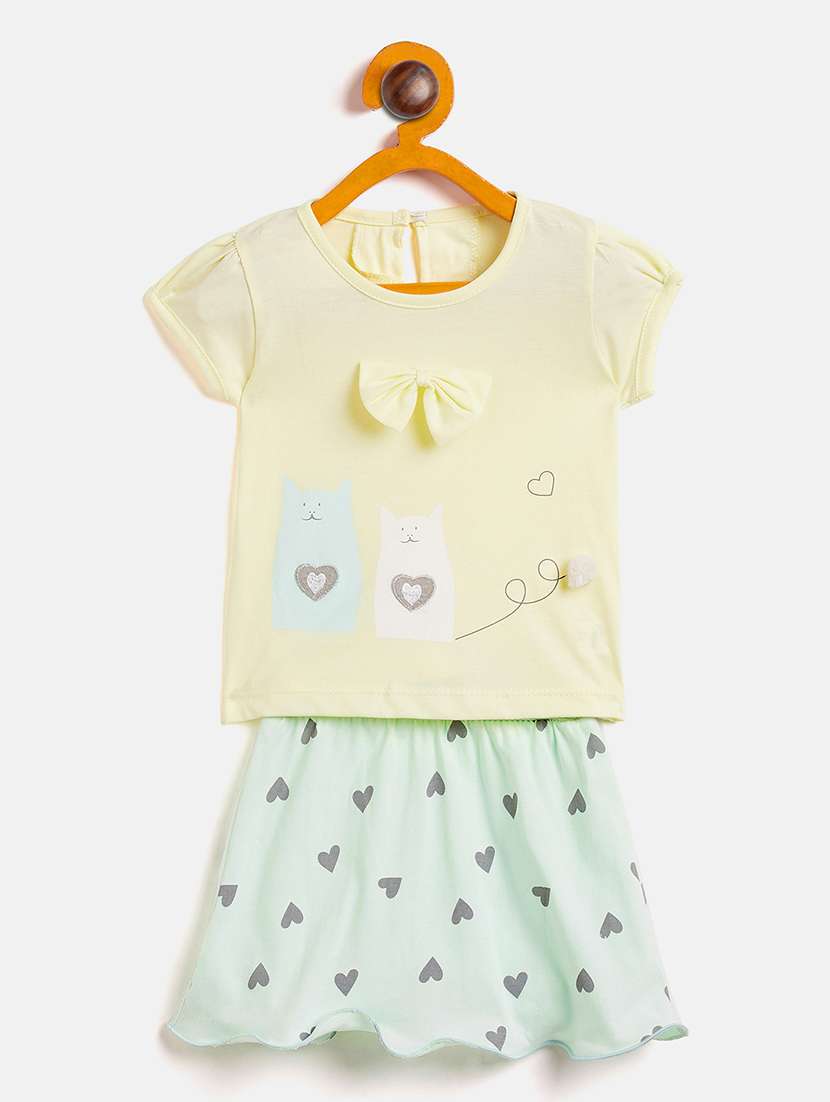 girls round neck printed skirt top