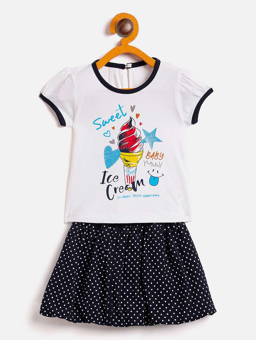 girls round neck printed skirt top