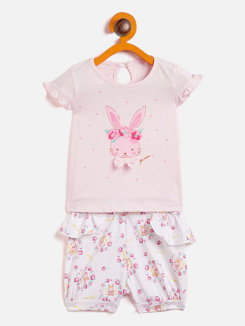 girls round neck printed shorts sets