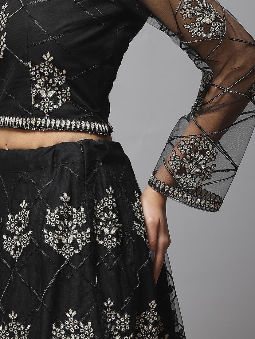 black embroidered flared lehenga - 19242873 - Standard Image - 4