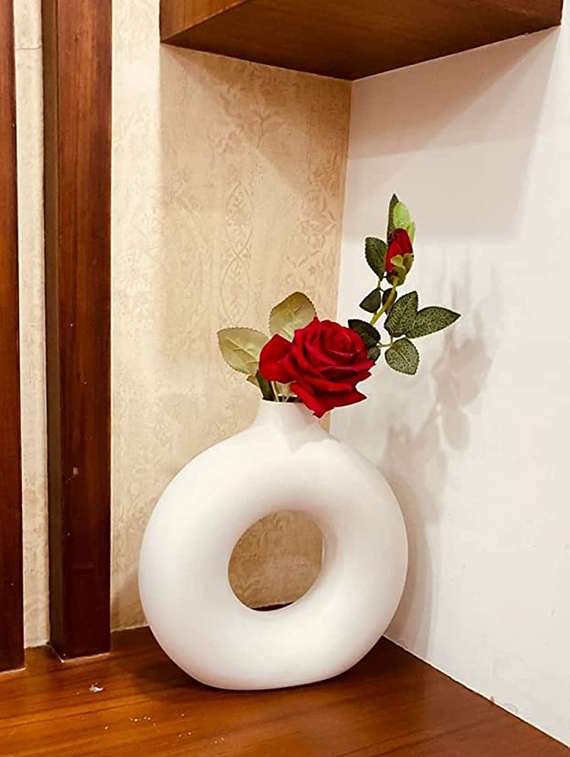 caffeine ceramic handmade donut white matte finish decorative flower vase (set of 1) - 19243078 -  Standard Image - 1