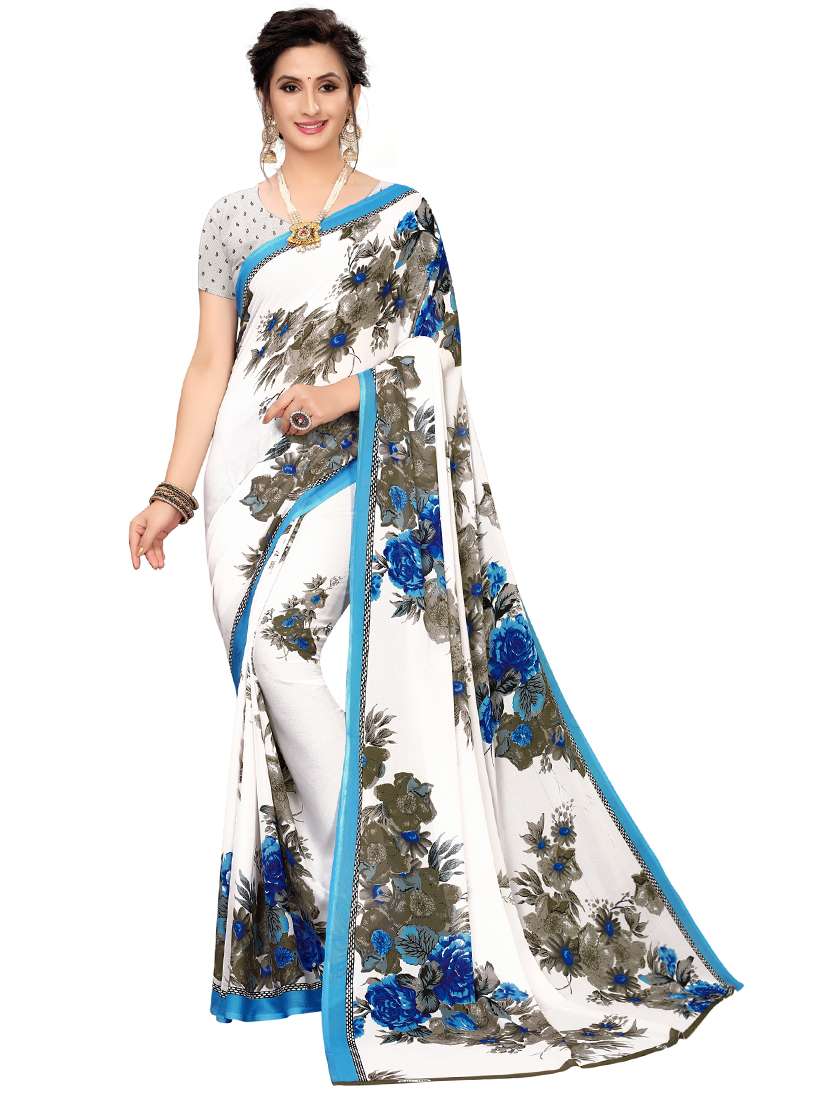women's floral blue colored saree with blouse - 19261483 -  Zoom Image - 0