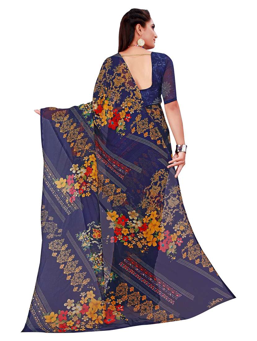 women's floral navy blue colored saree with blouse - 19263286 - Standard Image - 1