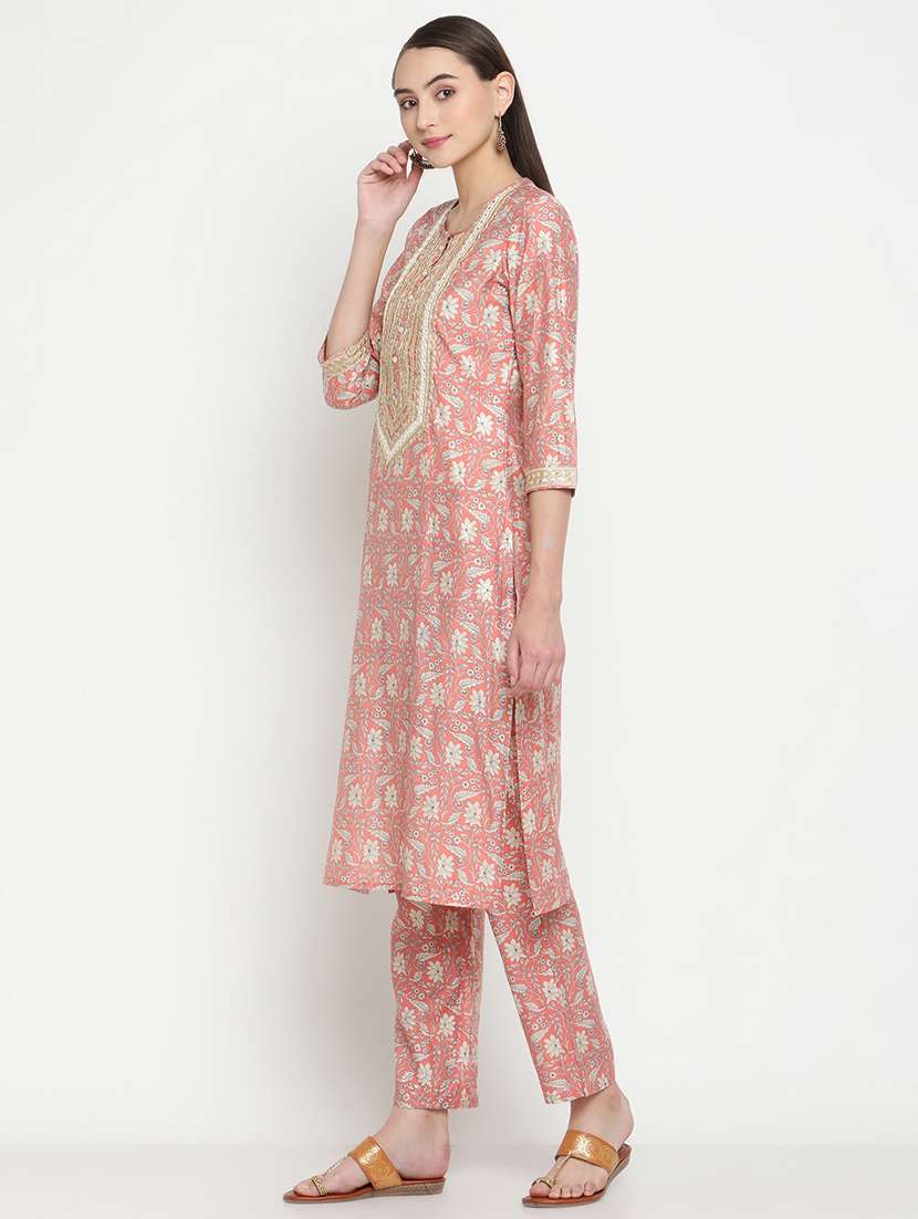 peach three quarter sleeve kurta pant set  - 19264591 -  Standard Image - 1