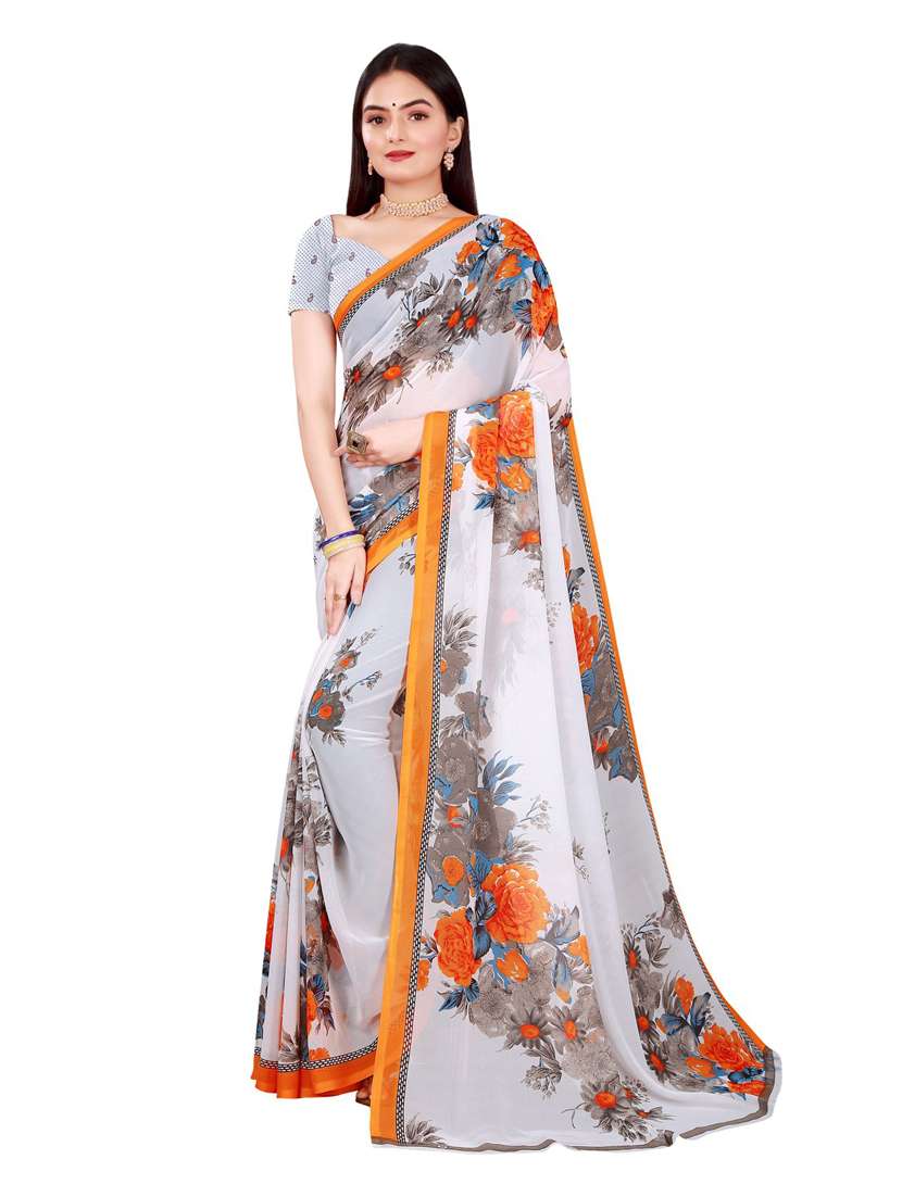 women's printed white colored saree with blouse