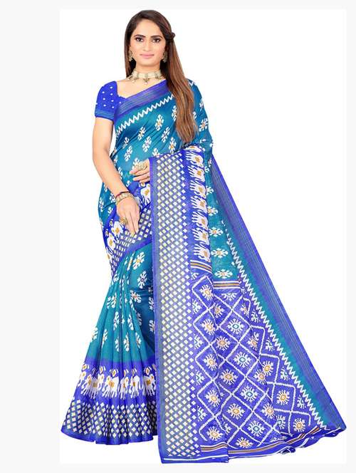 contrast border ikkat saree with blouse - 19265773 - Standard Image - 0