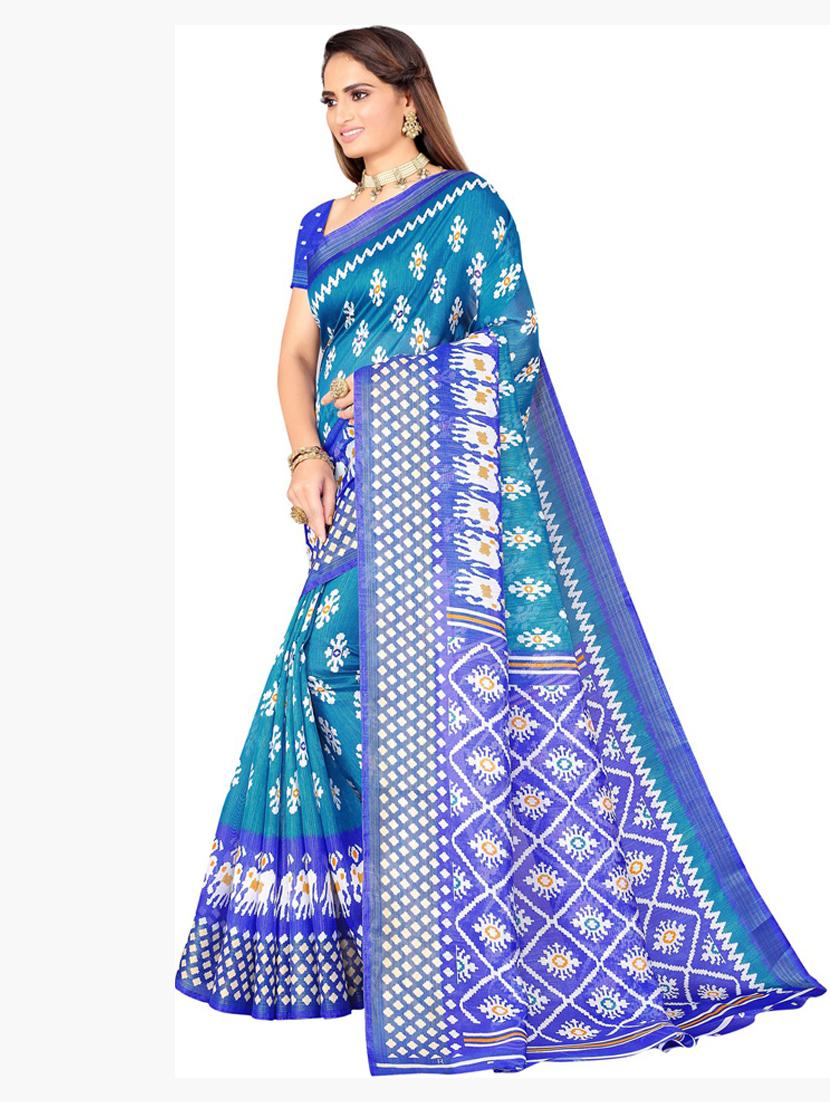 contrast border ikkat saree with blouse - 19265773 -  Standard Image - 1