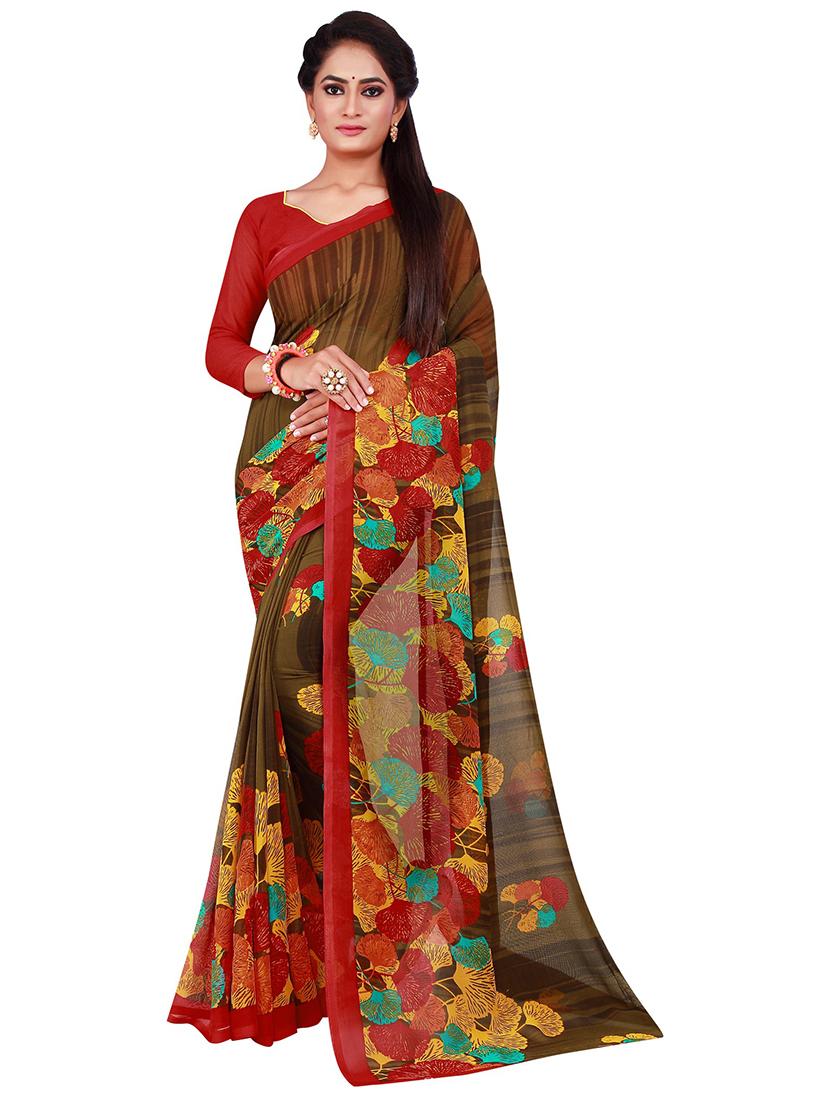 red printed saree with blouse - 19267674 - Zoom Image - 0