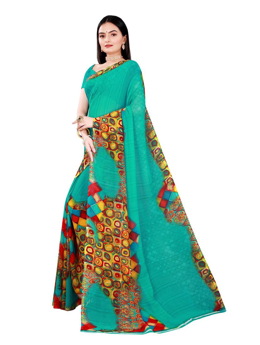 women's printed sea green colored saree with blouse - 19281239 -  Standard Image - 1