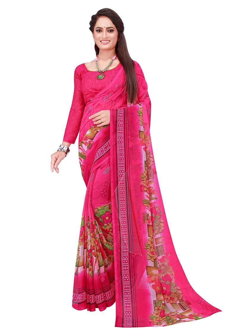 women's floral pink colored saree with blouse