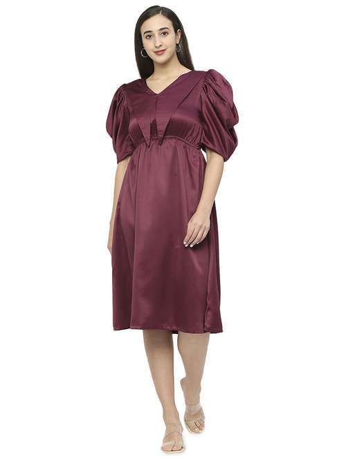 women solid puff sleeves a-line dress - 19286782 -  Standard Image - 0