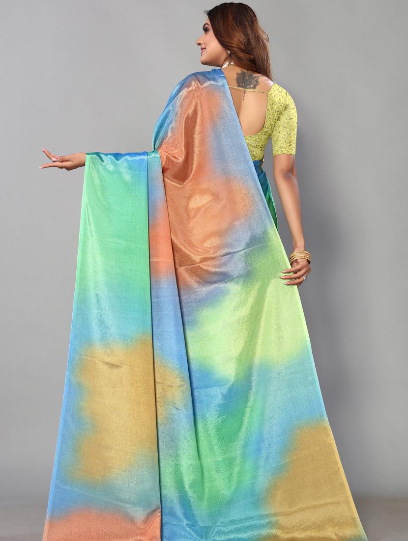 turquoise art silk printed saree with blouse - 19287384 - Standard Image - 1