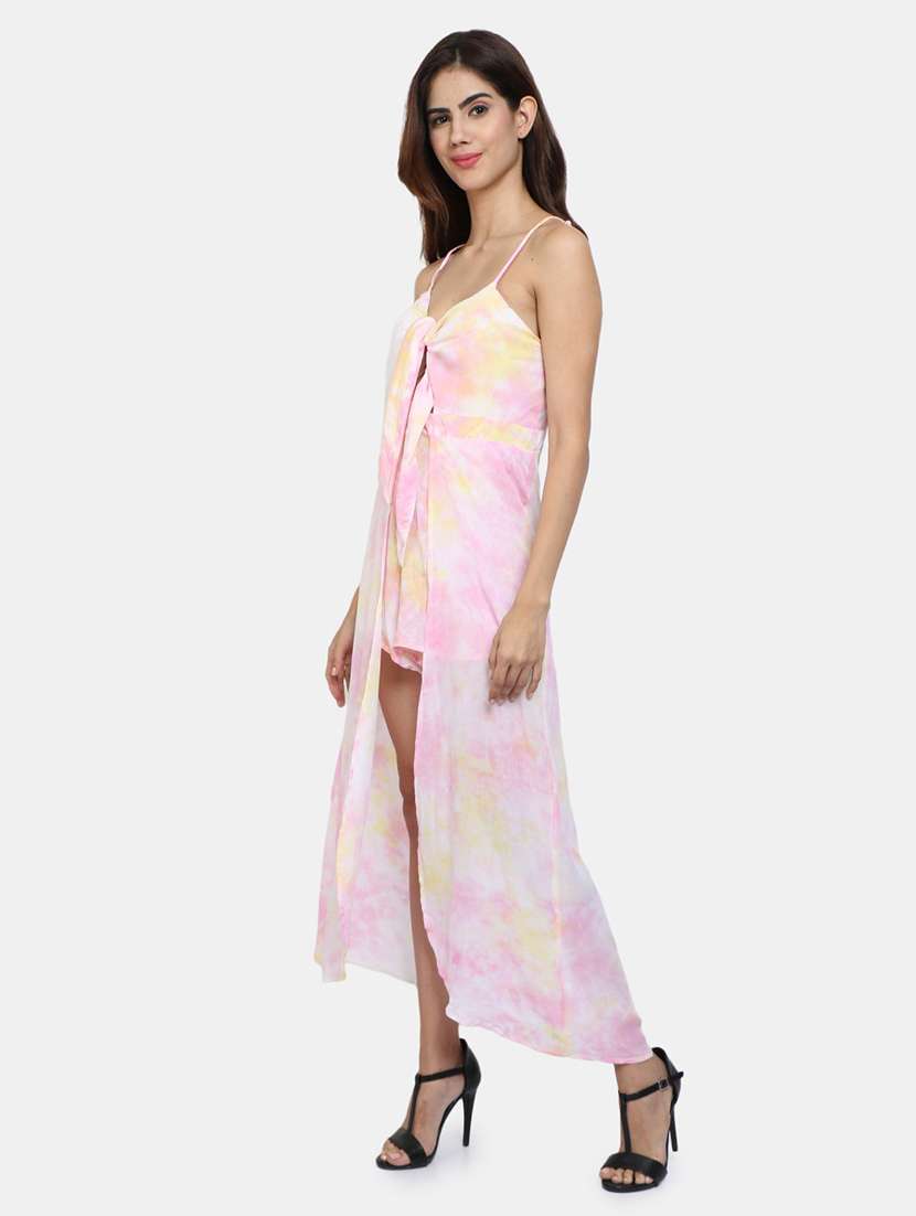 below knee high split leg jumpsuit with attached skirts - 19293298 -  Standard Image - 1