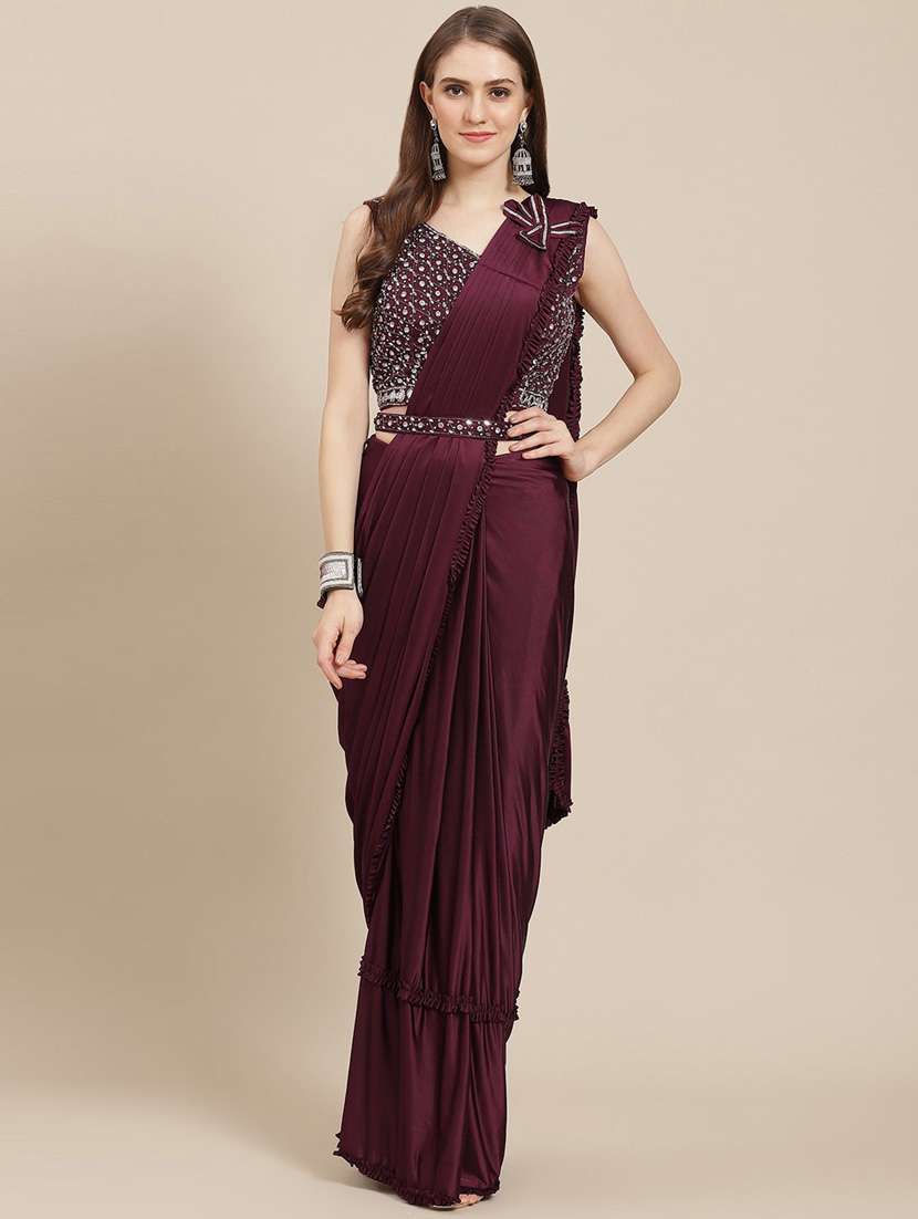 women's solid maroon colored saree