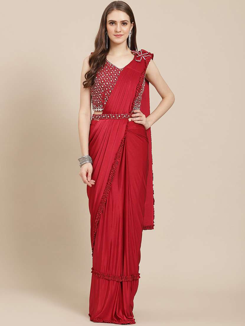 women's solid red colored saree with blouse
