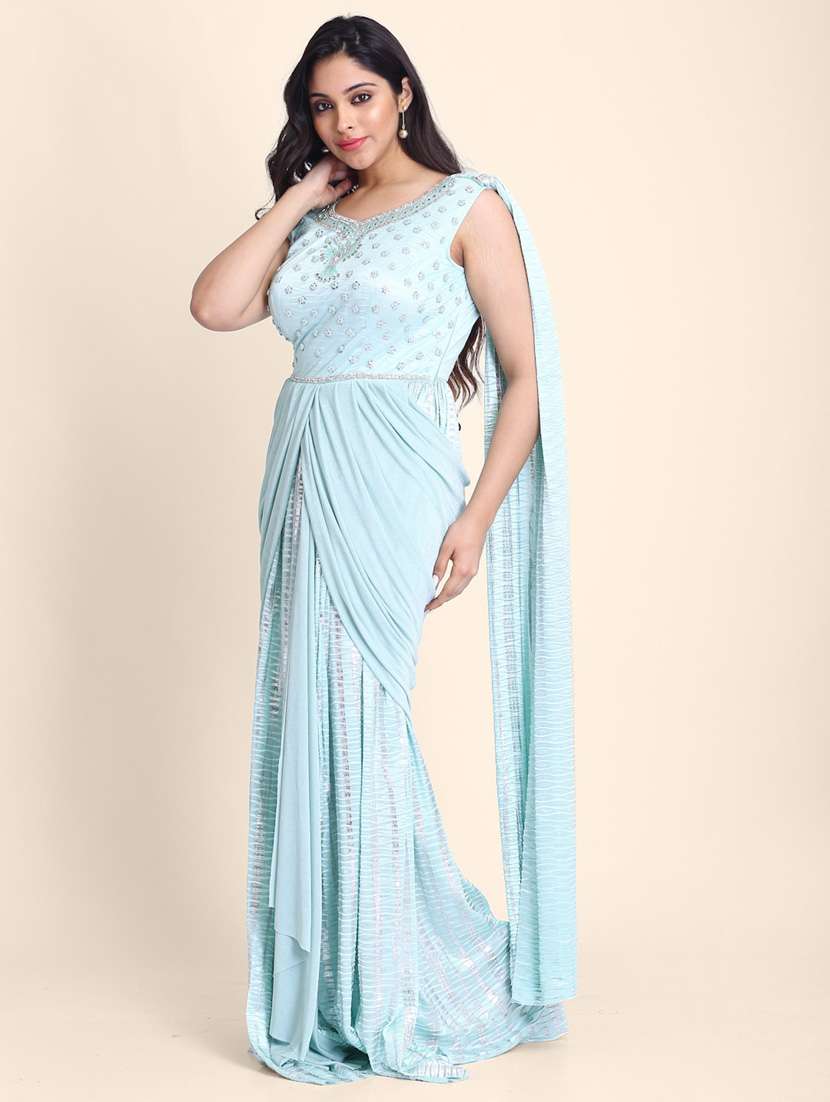 women's solid with work light blue colored saree - 19294139 -  Standard Image - 1